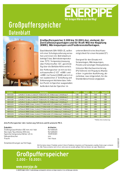 Großpufferspeicher Datenblatt Großpufferspeicher Datenblatt