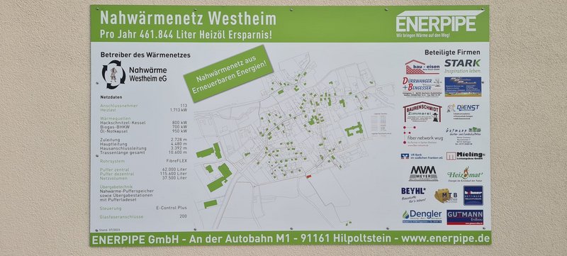 Westheim Nahwärmenetz Einweihung Bauschild vor Heizhaus